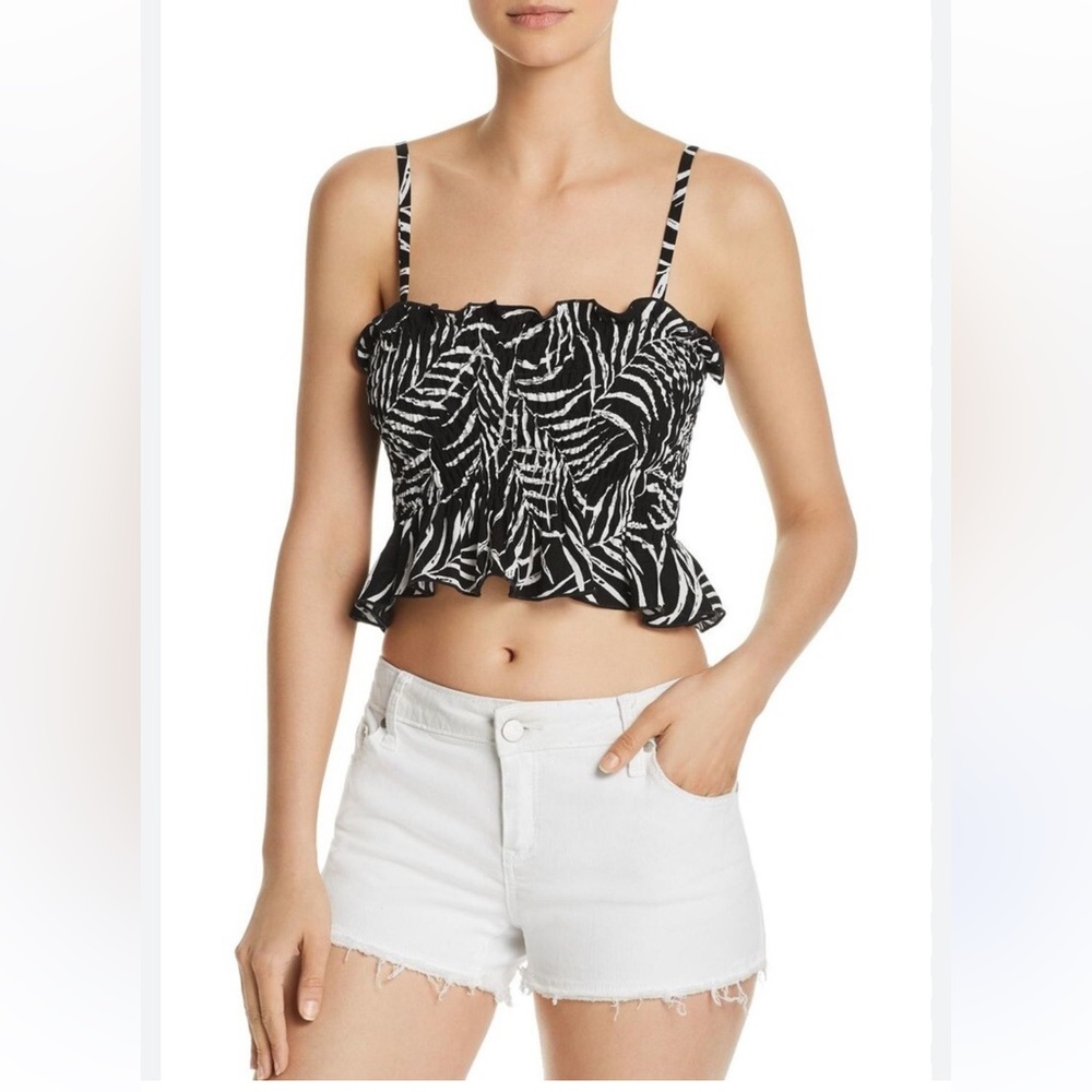 NWT Bloomingdales Aqua Black White Palm Print Smocked Ruffle Crop Top sz Medium